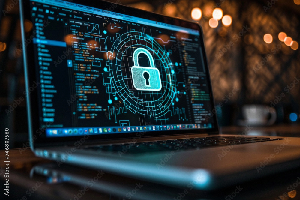 Online security padlock laptop on desk with data protection, privacy and secure password cyber security concepts Online security padlock laptop on desk with data protection, privacy and secure password cyber security concepts