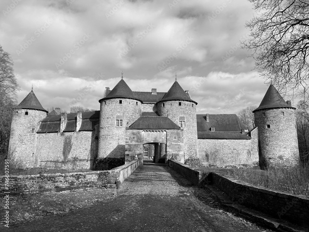 The Castle of Corroy-le-Chateau (French: Château de Corroy-le-Château) is a medieval castle in the village of Corroy-le-Château, in the province of Namur, Wallonia, Belgium. Black and white photo The Castle of Corroy-le-Chateau (French: Château de Corroy-le-Château) is a medieval castle in the village of Corroy-le-Château, in the province of Namur, Wallonia, Belgium. Black and white photo
