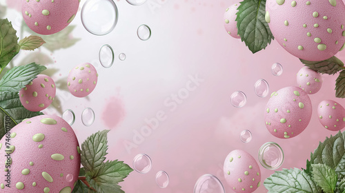  Easter eggs, green leaves and water drops against pink background. empty space. easter banner