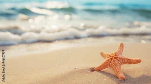Starfish on the beach. Summer background with copy space for text