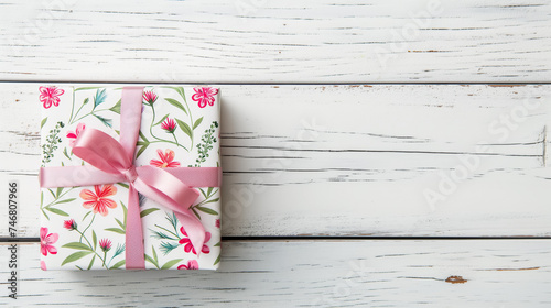 top view of Floral pattern gift box tied with pink ribbon on wooden background