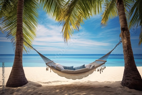 a hammock between palm trees on a beach © Sveatoslav