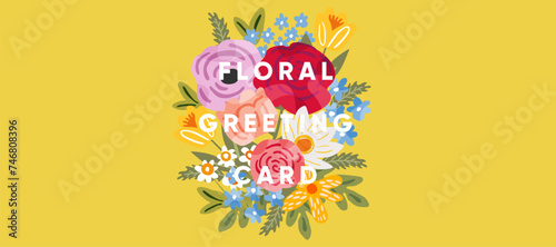 Floral greeting card. Vector cute modern trendy illustration of bright flowers, bouquet, plants, leaves, peony, rose for invitation, poster, card, flyer, banner or background
