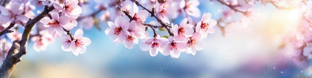 Abstract colorful blurred illustration of cherry tree branch blooming in spring on blurred bokeh background, space for text. Concept for valentine's day or birthday or mother's day or women's day.