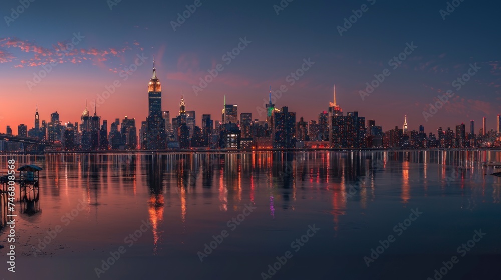 majestic view of a sunset of a city in the United States seen from a beautiful lake in high resolution