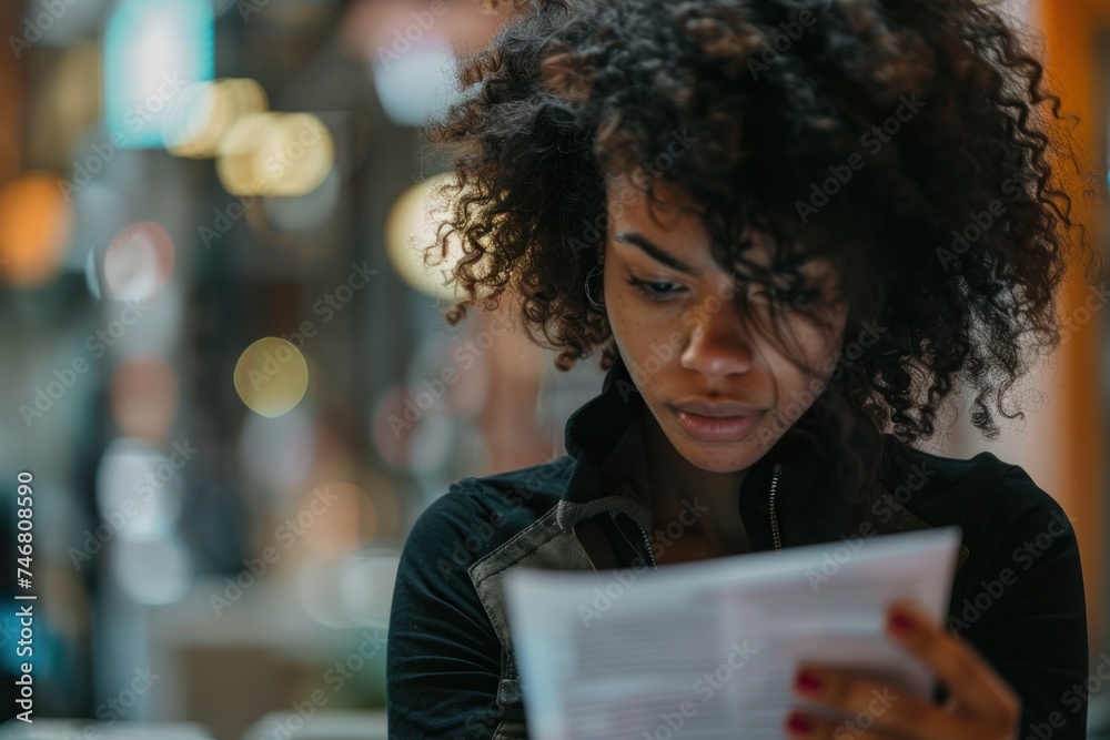 Young woman looks with a serious expression at a paper document. Credit debt and financial hardship concept. Young woman looks with a serious expression at a paper document. Credit debt and financial hardship concept.