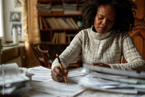 Black woman in a home office setting, with a pen in hand filling out bankruptcy application form due to credit debt.