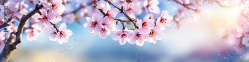 Abstract colorful blurred illustration of cherry tree branch blooming in spring on blurred bokeh background  space for text. Concept for valentine s day or birthday or mother s day or women s day.