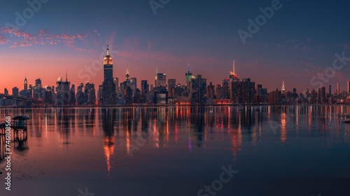 majestic view of a sunset of a city in the United States seen from a beautiful lake in high resolution