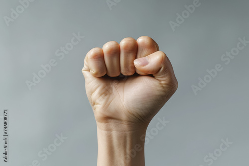 Raised clenched fist, protest concept. Backdrop with selective focus and copy space