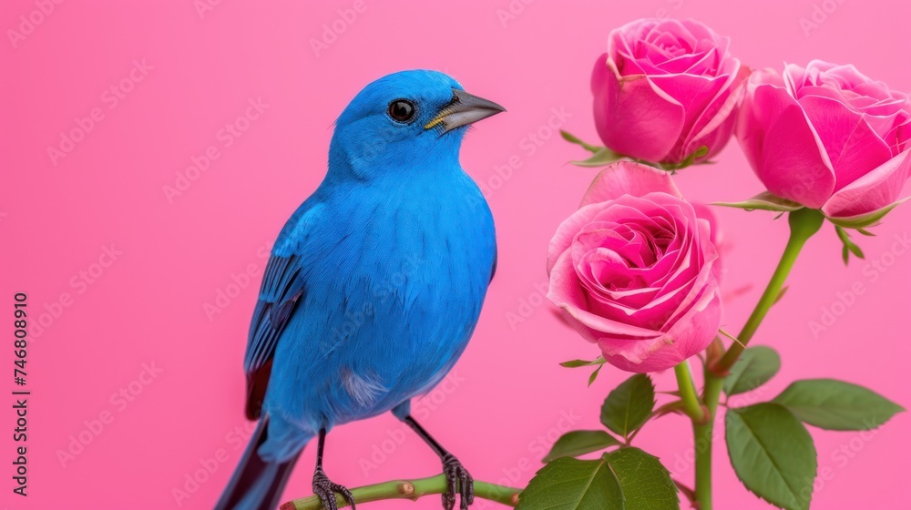 a blue bird sitting on top of a branch of a pink rose with three pink roses in front of it.