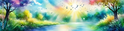 Abstract watercolor illustration of birds flying over a river on blurred bokeh background