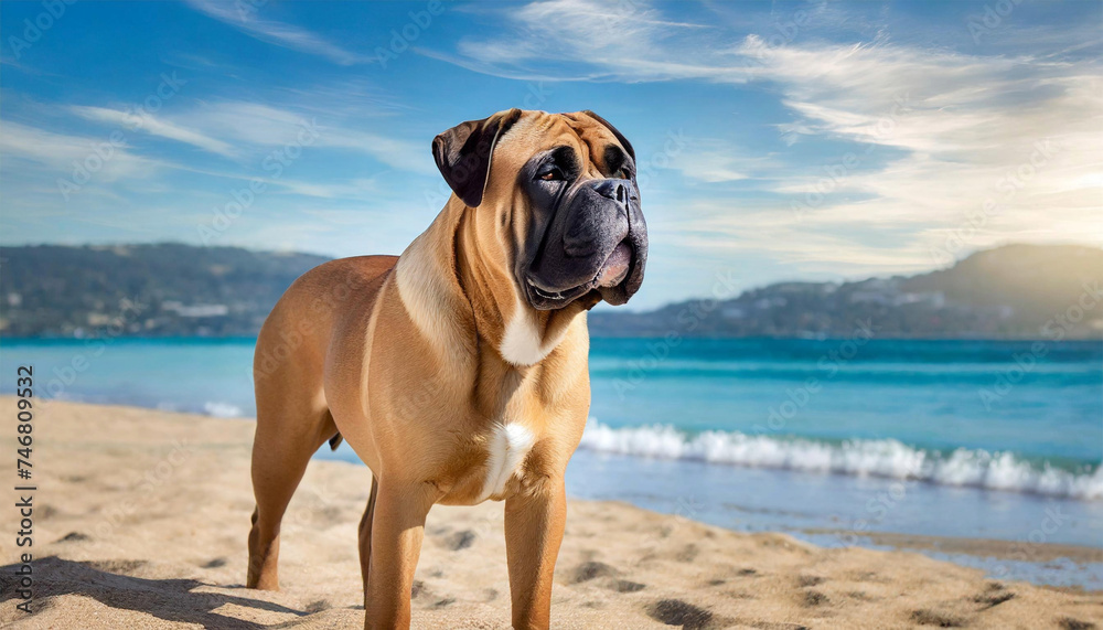 Bull mastiff dog standing on a sandy beach.