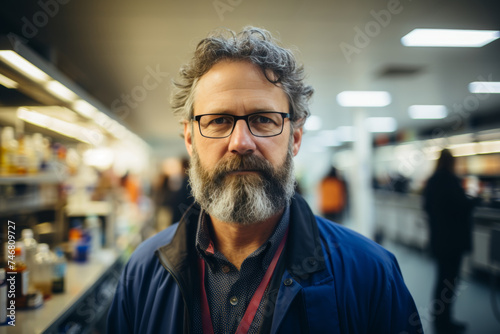 Portrait of stylish mature man with grey hair, beard and glasses in blue jacket at the store