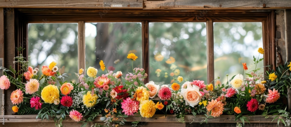 A rustic wooden window sill is overflowing with a vibrant array of colorful flowers, creating a beautiful and eye-catching display.