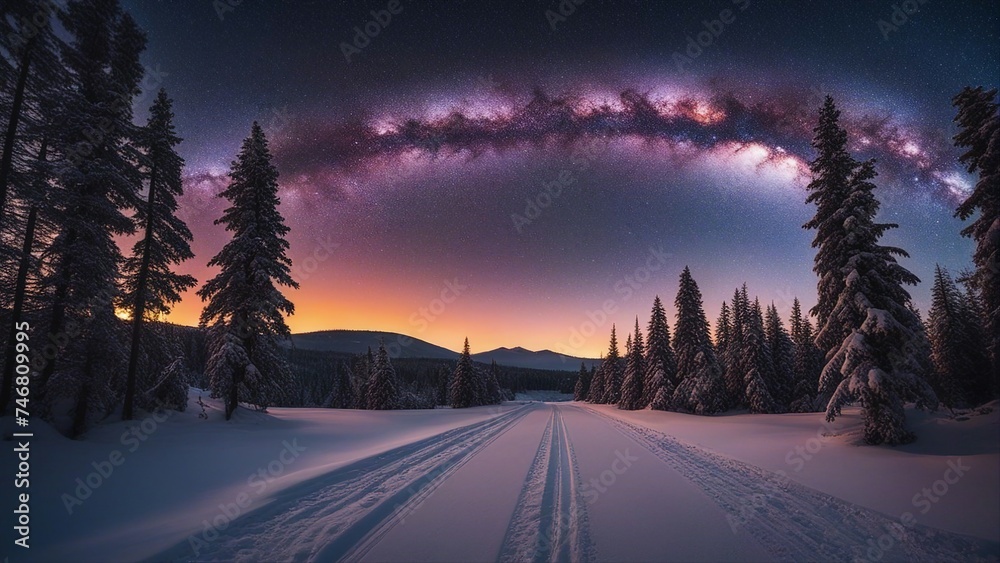 sunset in the mountains road leading towards colorful sunrise between snow covered trees with epic milky way on the sky  