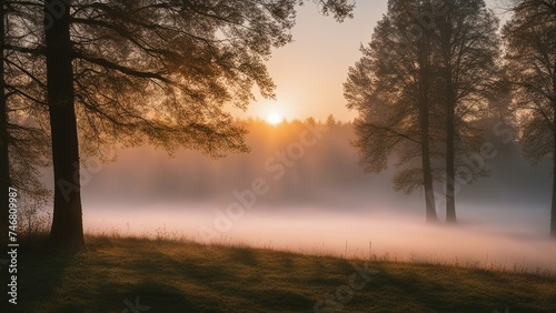 misty morning on the river sunrise light nature and mist in spring, Lithuanian nature 