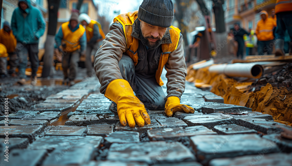A man laying a pavement of stone cubes. - obrazy, fototapety, plakaty 