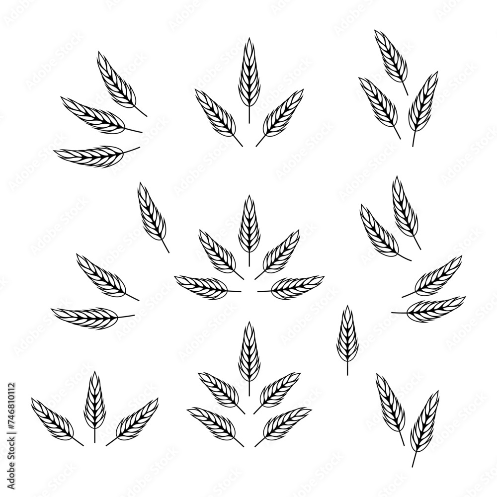 Flat Vector Agriculture Wheat, Cereal Ear Icon Set Isolated. Organic Wheat, Rice Ears. Design Template for Bread, Beer Logo, Packaging, Labels for Farming, Organic Food Concept