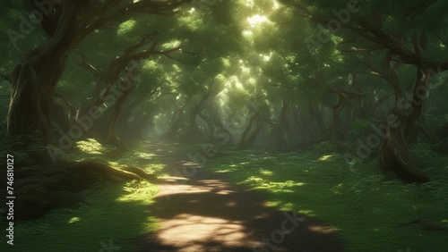 sunlight through the forest path through a forest with trees and grass at dawn 