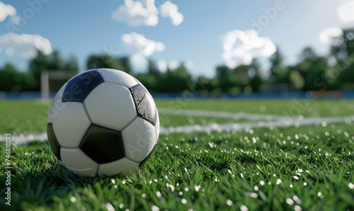 A soccer ball on a green field, ready for a game