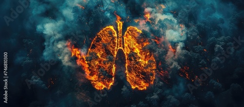 The image shows the devastating impact of wildfires as flames engulf the symbolic forest lungs of the Earth, resembling the human respiratory system in distress. photo
