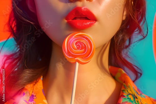 A vibrant close-up of a woman's lips with a bright orange lollipop, contrasting a colorful floral dress and blue background. photo