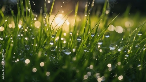dew drops on grass _a nature scene with green grass and water drops sparkling in the sunlight on a blurred background 
