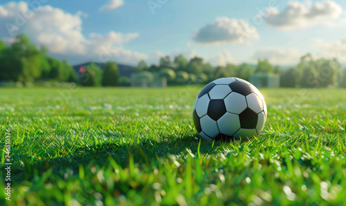 A soccer ball on a green field  ready for a game