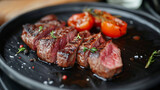 sliced beef steak on black plate. Generative Ai