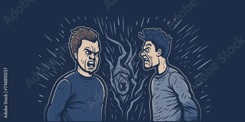 Illustraition of argument between two men in heated confrontation on dark background with intense aggressive expressions, moment of high tension and dispute. Interpersonal conflict, anger expression