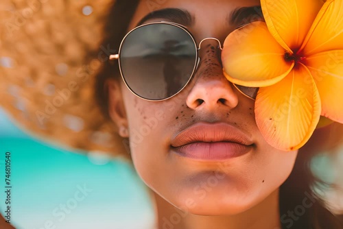 Close-up of a woman with freckles wearing sunglasses and a frangipani flower, suggesting a tropical vibe. photo