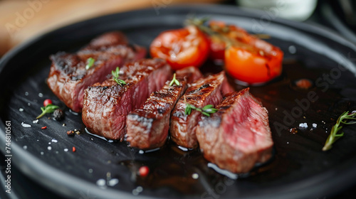 sliced beef steak on black plate. Generative Ai