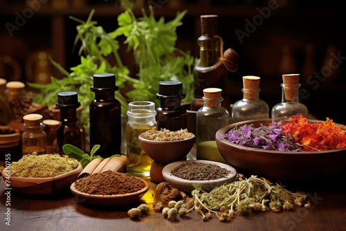 Various glass bottles with tincture and leaves . Ingredients for alternative medicine and natural cosmetics. Medical herbs, caraway. Herbal essence. Ayurveda. Farmacology history