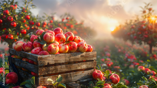 Red apples in a wooden box in an orchard with apple trees in the morning.