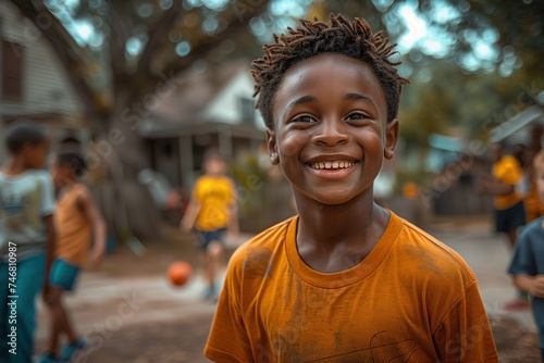Confident and smiling African American boy with a dusty shirt stands outdoors, exemplifying youthful spirit