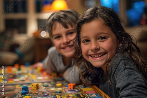 Two kids with happy expressions playing a colorful board game at home