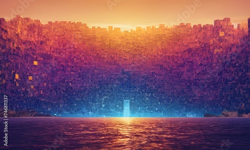 A surreal scene where a pixelated digital wall descends into a reflective ocean  under a gradient sunset sky. The artwork merges technology with natural beauty in a unique way. AI Generative