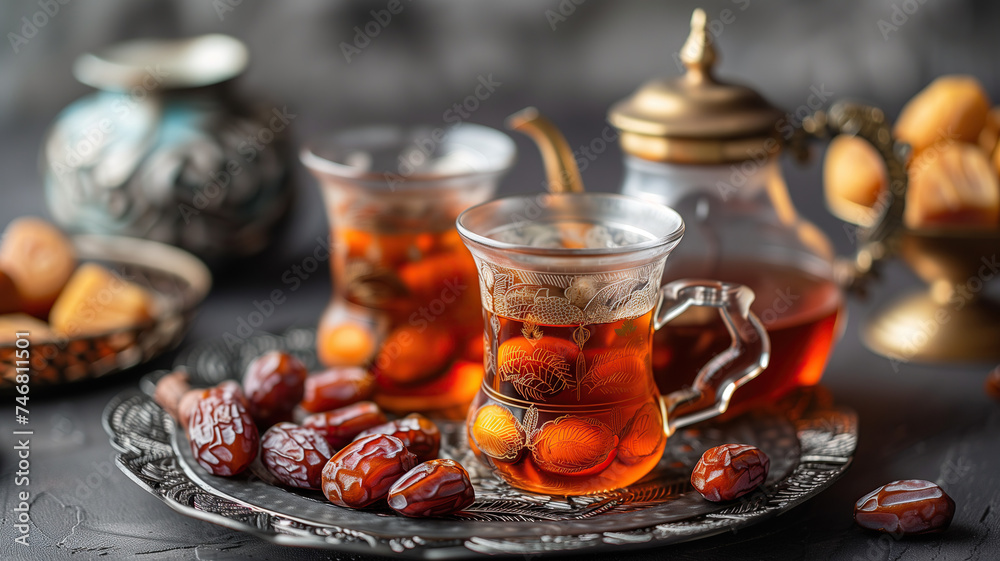 Tea and dates fruit on a dark background Tea and dates fruit on a dark background