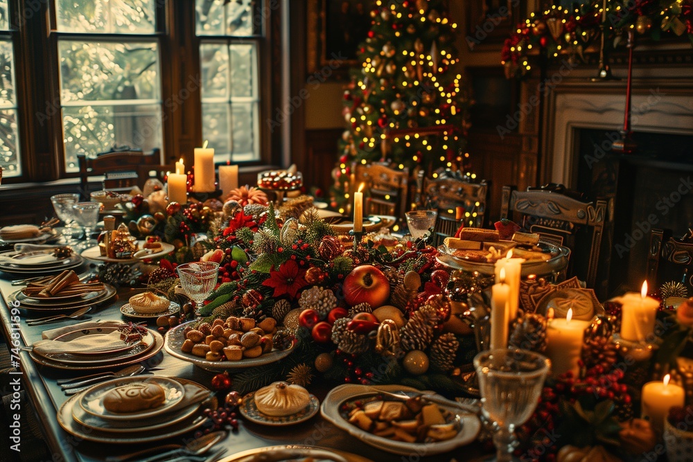 Warm candlelight and a grandly set table with a sumptuous Christmas spread creates a luxurious dining experience by the fireplace