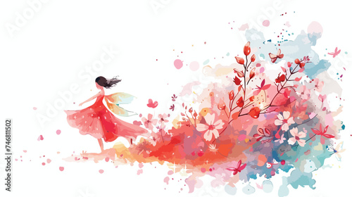 Fairy and Flowers watercolor isolated kids illustrat