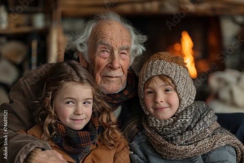 Elderly man huddled with two grandchildren by a warm fireplace