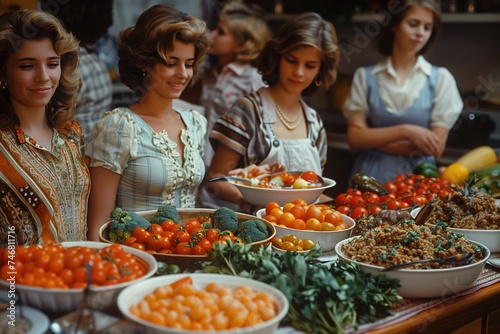 Women in vintage clothing selecting fresh tomatoes and vegetables for meal preparation