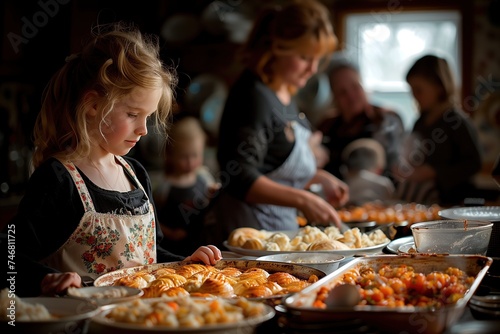 Small child focused on arranging bakery items on a table during family meal prep
