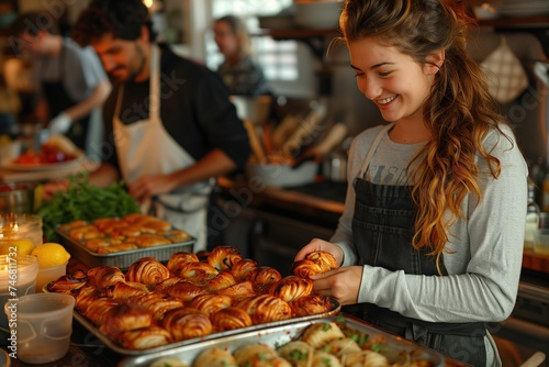 Happy young woman arranging freshly baked pastries with pride and contentment in a bakery