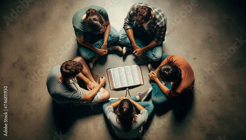 Grupo de jóvenes estudiando la Biblia en circulo. photo