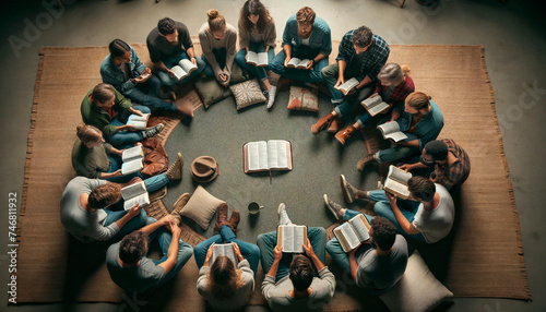 Grupo de jóvenes estudiando la Biblia en circulo.