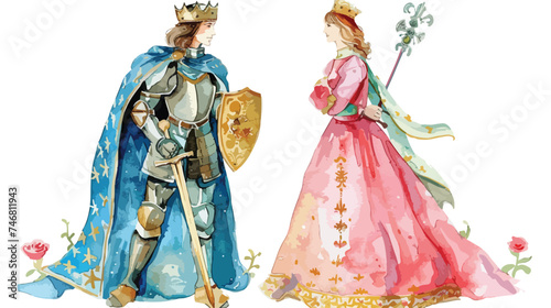 Fairy tale Princess and Knight watercolor illustrati