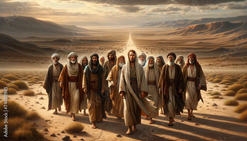 Jesús y los doce discípulos en el deserto caminando photo