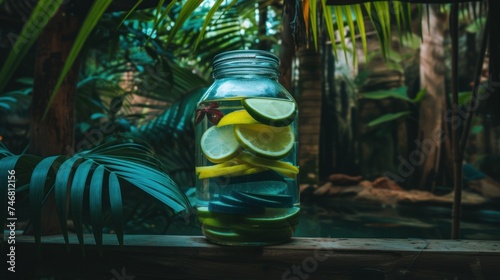 a jar filled with sliced lemons, limes, and limeade sitting on a ledge in a tropical setting. photo